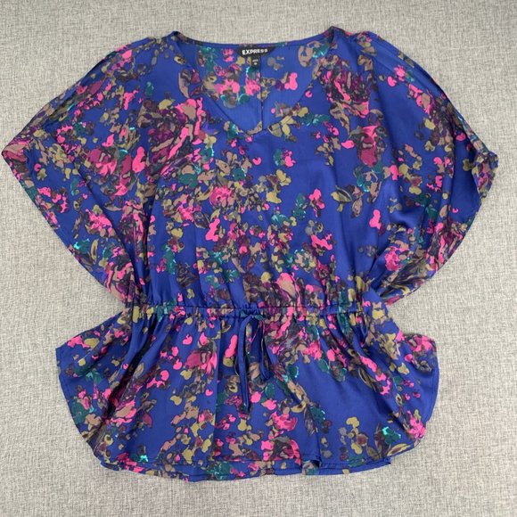Express Peplum Blue Pink Blouse Kaftan Cold Shoulder Sleeves V-Neck XS Elastic W - Picture 1 of 13